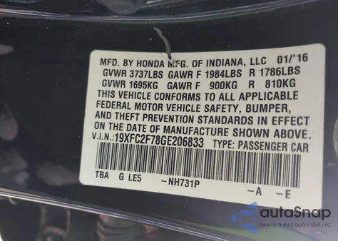 2016 Honda Civic Ex z USA, uszkodzony, nr VIN 19XFC2F78GE206833